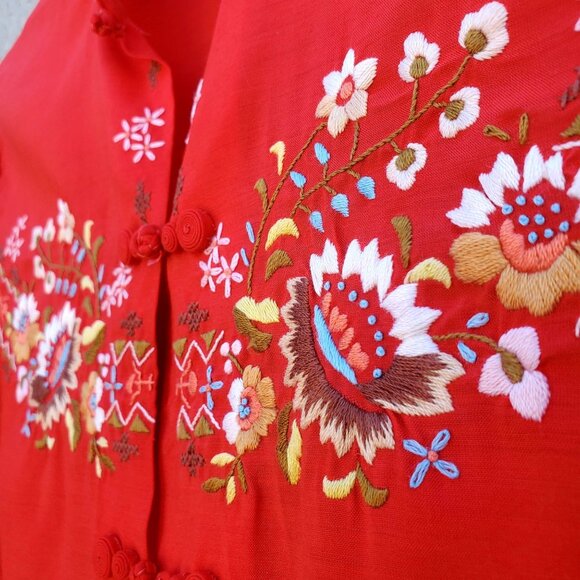 Vintage Boho Embroidered Shirt S Chinese Red Blouse Short Sleeve 60s 70s - Picture 3 of 13
